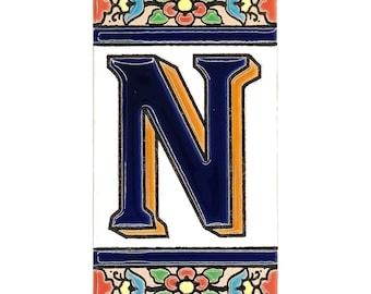 Handmade Spanish Ceramic Floral Letter N Tile | 11cm Alphabet Name Plate Mediterranean Decor Gift
