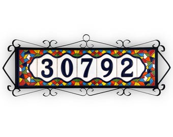 Custom Blue White Ceramic Address Sign - 5 Digits Mallorca | Spanish Pottery House Number Plaque Hand Painted Outdoor Street Tile