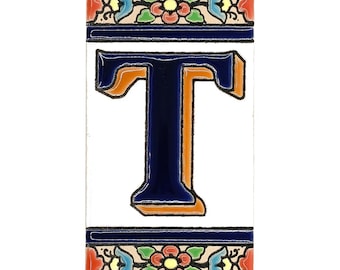 Floral Spanish Ceramic Letter T Tile | Handmade Alphabet Monogram Pottery for Outdoor House Name Sign & Wall Decor