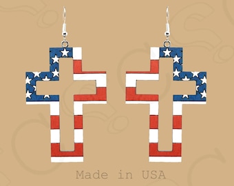 American Flag Cross Dangle Earrings | Patriotic Jewelry