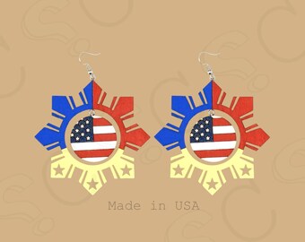 Filipino-American Birch Wood Earrings | Tribal Sun & USA Flag