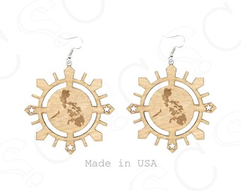Filipino Tribal Sun Birch Wood Dangle Earrings | Philippine Map