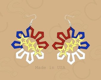 Filipino Sun & Stars Wood Earrings | Philippine Flag Colors