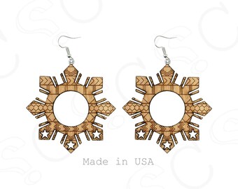 Filipino Tribal Sun Dangle Earrings | Engraved Birch Wood