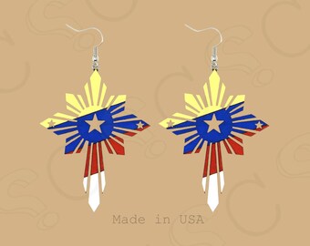 Philippine Sun Cross Earrings | Filipino Flag Dangle Jewelry | Birch Wood Made in USA