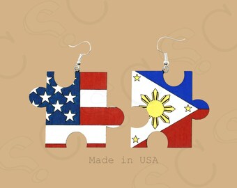 Filipino-American Puzzle Earrings | Hand-Painted Birch Wood