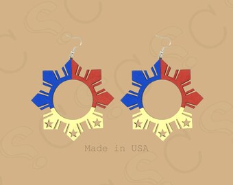 Filipino Dangle Earrings | Painted Filipino Tribal Sun | Sun and 3 Stars | Solid Wood | Birch Wood | Philippine Flag | Philippines