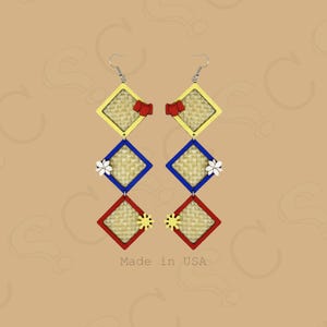 3 Tier Banig Earrings With Mini Charms | Filipino Dangle Mat Earrings | Wood Earrings | Philippines | Sampaguita | Filipiniana | Sun