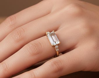 Dainty Baguette Cut Aquamarine Ring, Minimalist March Birthstone Ring.