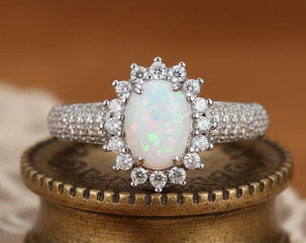 Natural Ethiopian Opal 925 Sterling Silver Ring, Oval Halo Engagement Ring, Propose Ring.