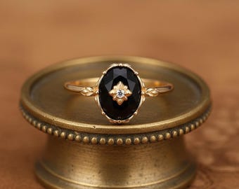 Natural Black Onyx Vintage Art Deco Ring, Handmade Starburst Engagement Ring, Promise Ring.