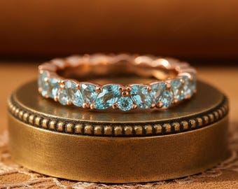 Minimalist Aquamarine Eternity Band, Aquamarine Rose Gold Ring Band,  March Birthstone Ring.