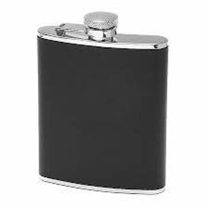 May include: A black stainless steel flask with a silver-colored cap and trim. The flask has a rectangular shape and a hinged cap. The flask is approximately 5 inches tall and 3 inches wide.