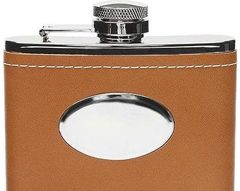 6Oz brown leather flask with engraving oval plate (1406YL-L1B-OT)