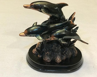 Three Dolphins Statue Bronze Tone Resin Figurine with Base