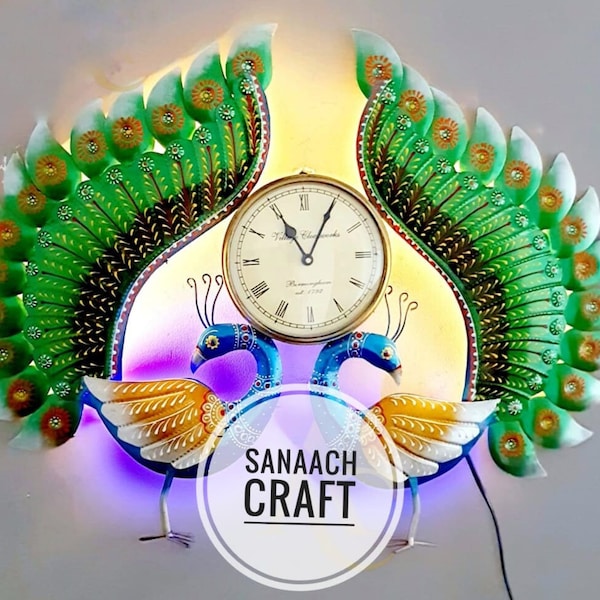 metal peacock wall clock  3d multicolor wall decore Metal garden Sculpture Indian Handmade national bird metal home decore  giving gift item