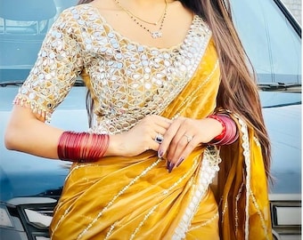 beautiful soft satin organza saree embroidery sequence complete border real stick mirror work with latkan real mirror work stitched blouse .