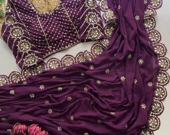 faux georgette sequence saree original mirror work with blouse 8 color available .