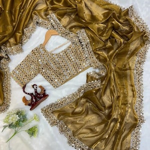 beautiful soft satin organza saree embroidery sequence complete border real stick mirror work with latkan real mirror work stitched blouse .