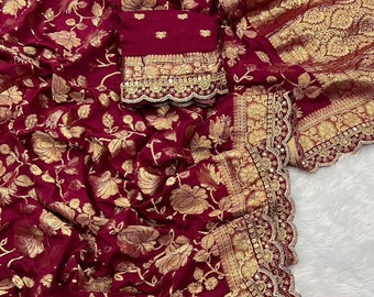 new designer complete khadi georgette saree light wait fabric sequence lace work in border all over with unstitched blouse same work lace .