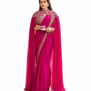 Ready to Wear Space Silk Saree with Stitched Blouse Up to 42, Frill Neck Belt, Pearl & Sequin Work, Designer Party Wear Saree