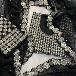 faux georgette handwork heavy mirror border and complete sequence work saree with complete mirror full sleeves work fabric unstitched blouse