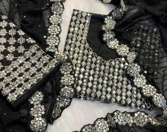 faux georgette handwork heavy mirror border and complete sequence work saree with complete mirror full sleeves work fabric unstitched blouse