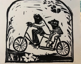 Frog & Toad Bicycle Woodblock Print