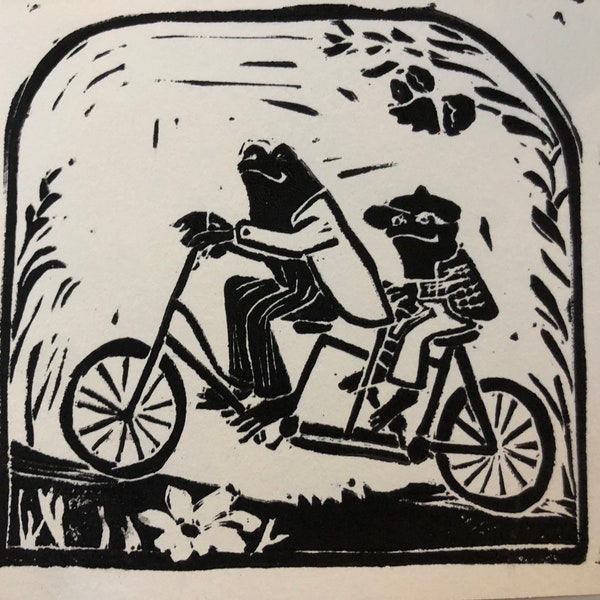 Frog & Toad Bicycle Woodblock Print