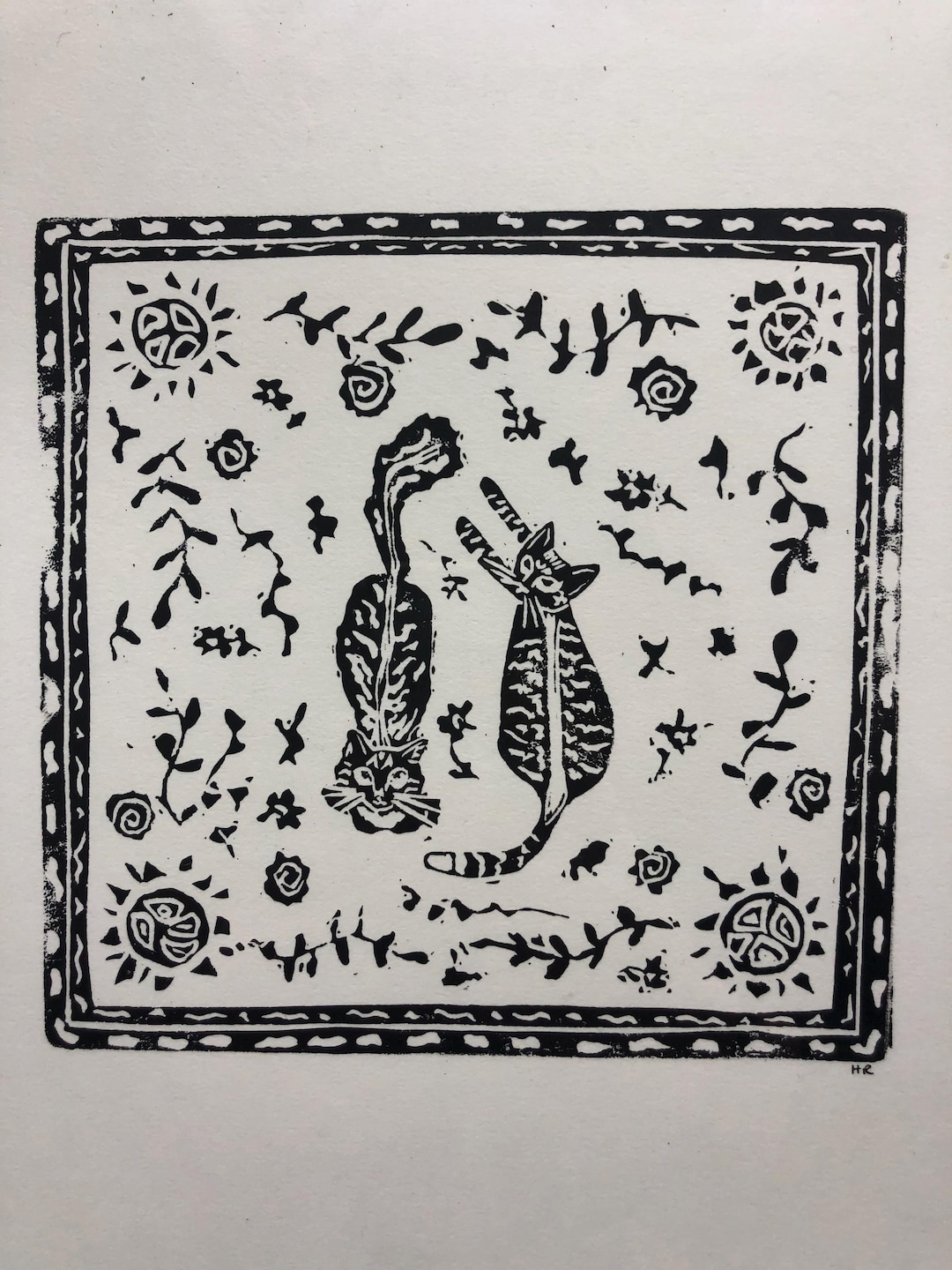Cats on Vintage Rug Linocut - Etsy