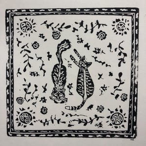 Cats on vintage rug linocut