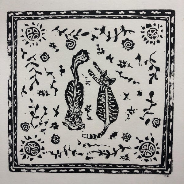 Chats sur tapis vintage linogravure