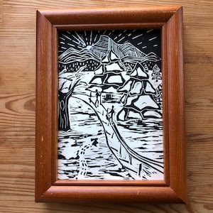 Cross Country Skiing Woodblock Print