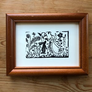 Gravure sur bois de jardin de canards et de lapins