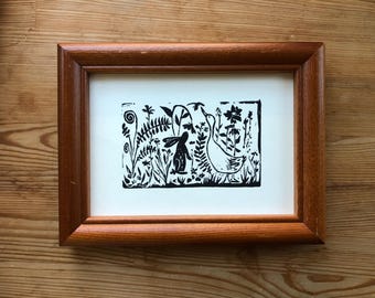 Duck and Rabbit Garden Woodblock Print