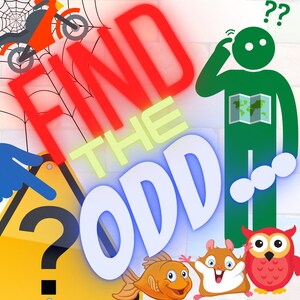 May include: A colorful illustration with the text "Find the Odd" in red, yellow, and blue. The image includes a cartoon fish, a hamster, an owl, a stick figure with a question mark above its head, and a yellow sign with a question mark.
