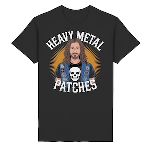 May include: Black t-shirt with a graphic of a man with long hair and a denim vest, decorated with patches and a skull. The text "HEAVY METAL PATCHES" is arched above and below the image, in white.