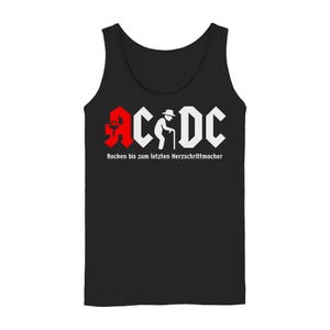 Könnte beinhalten: Schwarzes Tanktop mit weißem und rotem Aufdruck. Der Aufdruck zeigt die Buchstaben "AC/DC" mit einer stilisierten Abbildung einer älteren Person mit Gehstock. Darunter steht der Text "Rocken bis zum letzten Herzschrittmacher."