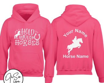 Personalised Horse Riding Hoodie - Hold your horses Hoodie - Equestrian Gift - Personalized Hoodie - Pony Club Gift -Pink - Barn Yard Gift