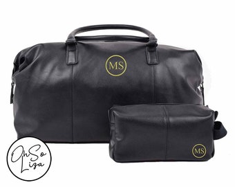 Personalised Mens Holdall | Black Brown Nuhide PU Leather Weekender Travel Bag Set