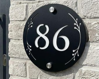 Floral House Number Sign - Modern Floating Black Acrylic Address Plaque (145 x 145 mm)
