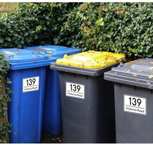 Wheelie Bin Stickers, House Number Decal Street Name,  Pack of trash Stickers
