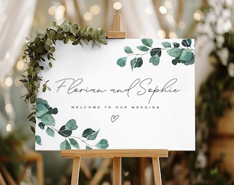 Wedding Welcome Sign with eucalyptus leafs | Printed Bridal shower Signage | Wedding decor Bride and Groom name | Printing Service