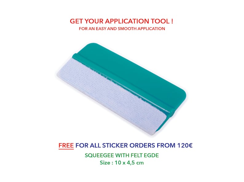May include: A teal squeegee with a white felt edge, designed for smooth application. The tool measures 3.9 inches by 1.8 inches. Text on the image reads: "GET YOUR APPLICATION TOOL!" and "FOR AN EASY AND SMOOTH APPLICATION."