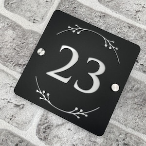 Floral Address Sign: 3D Black Acrylic House Number (150x150mm)