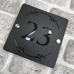 Numéro de maison ornemental haut de gamme avec effet 3D, plaque de porte en acrylique mat avec numéro de police minimaliste noir