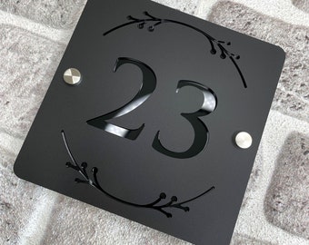 Premium dekorative Hausnummer mit 3D-Effekt, Mattes Acryltürschild mit schwarzer minimaler Schriftnummer