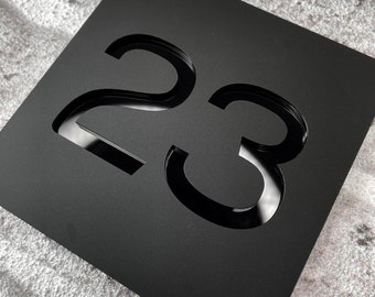 Placa con número de casa, efecto 3D prémium, placa acrílica negra mate, placa flotante para casa, número de puerta, 110 x 110 mm