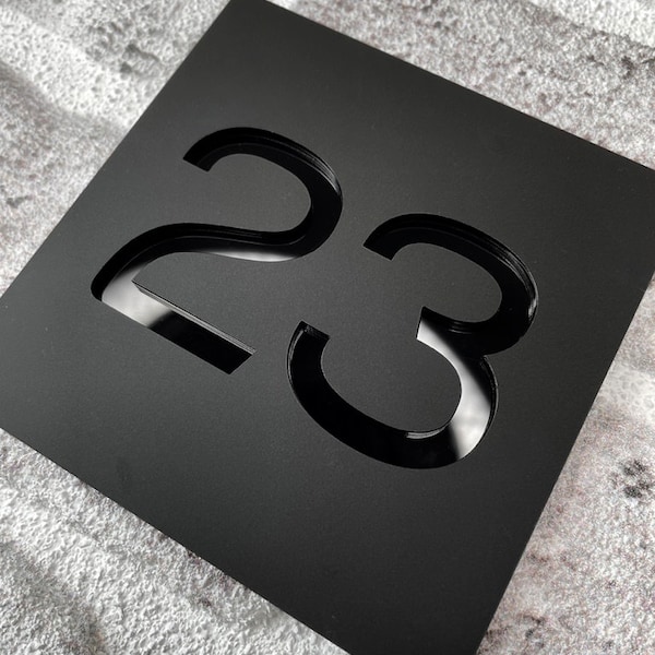 Plaque de numéro de maison Effet 3D Premium | Panneau acrylique noir mat, panneau de maison flottant, numéro de porte | 110x110mm