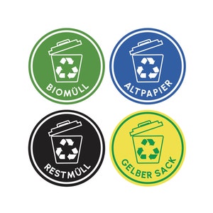 4 x stickers voor afvalrecyclingorganisatie | Set van 4 stickers voor afvalcontainers | Papier Plastic Bio Restmull